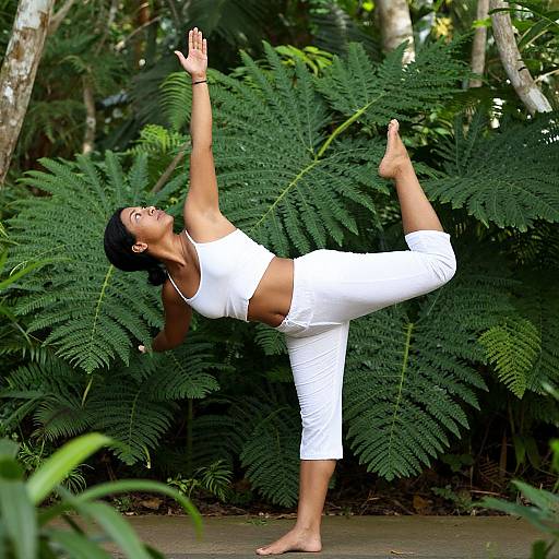Photograph of a smiling woman with dark skin, black hair, and a toned physique, performing a balance pose in white athletic wear, surrounded by lush