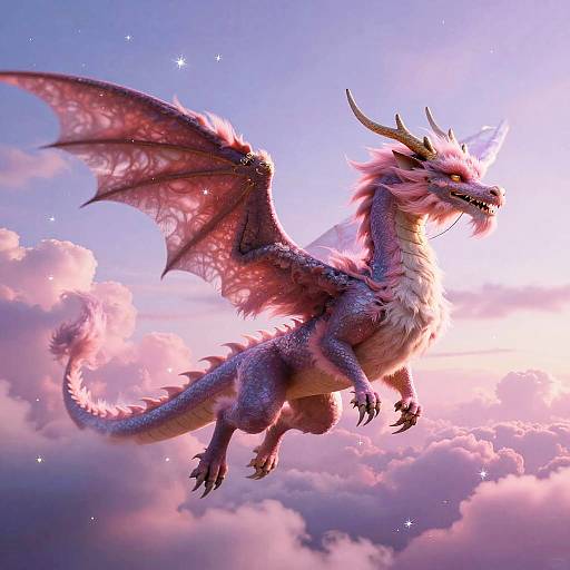 Photorealistic digital illustration of a majestic, pink and purple dragon with glowing wings soaring through a radiant, pink-tinged sunset sky amidst fluffy clouds