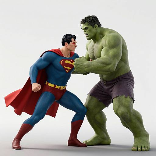 CGI image of Superman in blue suit and red cape facing muscular, green-skinned Hulk in tattered brown shorts, both ready to fight. White