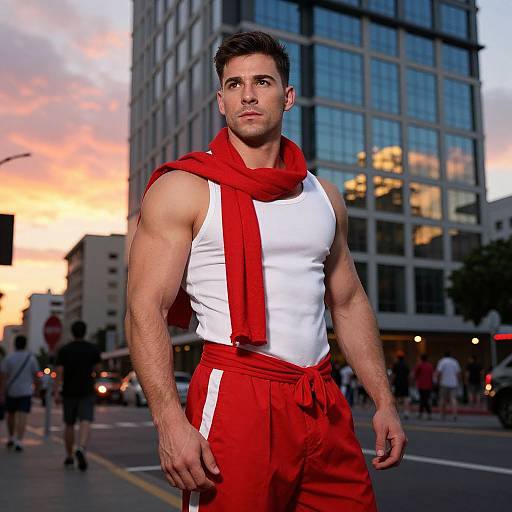 Photograph of a muscular, handsome man with short dark hair, wearing a white sleeveless shirt, red scarf, and red pants, standing confidently in