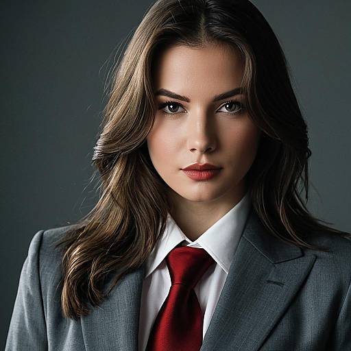 Confident Woman in Grey Suit with Red Necktie
