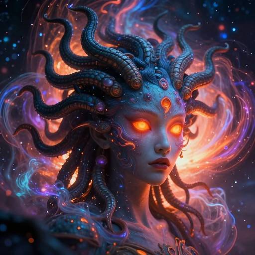Digital art of a mystical, blue-skinned woman with glowing orange eyes, intricate dark blue tentacle-like hair, and fiery, ethereal background.