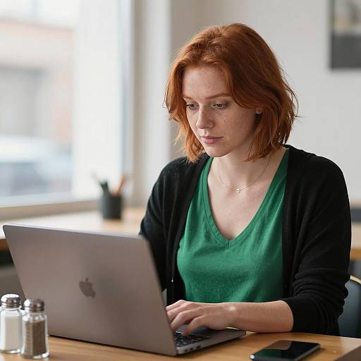 Focused Red-Haired Woman at Table