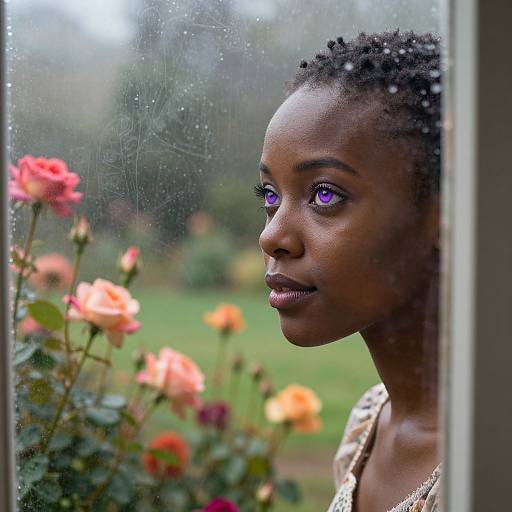 Photograph of a dark-skinned woman with purple eyes, looking thoughtfully outside a rain-speckled window, surrounded by vibrant orange and pink roses