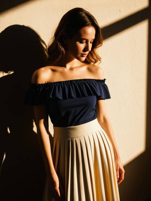 Woman in Navy Blue Off-Shoulder Blouse and Cream Pleated Skirt