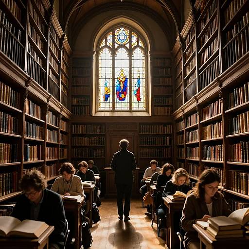 Photograph of a dimly lit, narrow library aisle with tall, dark wooden bookshelves on both sides, lit by a colorful stained glass window