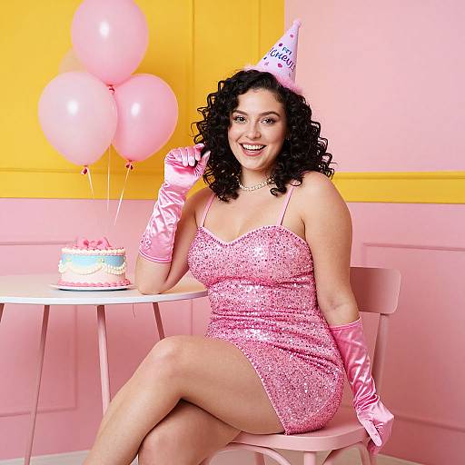 Photograph of a curly-haired woman in a pink glitter dress, party hat, and gloves, smiling, seated by a pink table with balloons and a