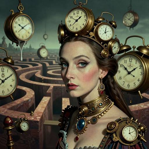 Digital painting of a fair-skinned woman with brown hair, wearing a crown of floating clocks, ornate jewelry, and a blue dress, in a