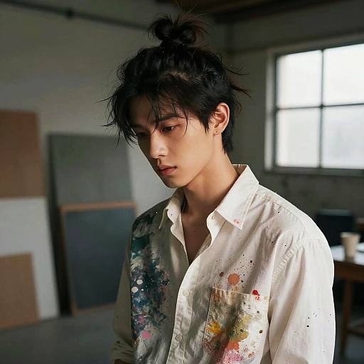 Moody Male Artist with Messy Bun