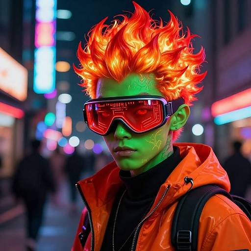 Neon-lit urban street photo of a person with vibrant orange spiky hair, green face paint, red reflective goggles, and bright orange jacket,