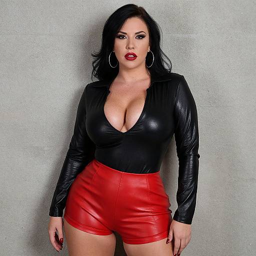Photograph of a curvy woman with black hair, red lipstick, wearing a black leather top with deep neckline and red leather shorts, standing against a