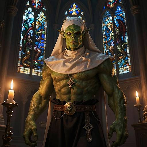Digital artwork of a muscular, green-skinned orc monk with pointed ears, white headscarf, and dark robes, standing in a dimly lit