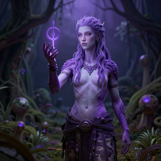 Digital fantasy artwork of a mystical, purple-lit forest elf with long, wavy hair, revealing chest, holding a glowing rune, wearing dark,