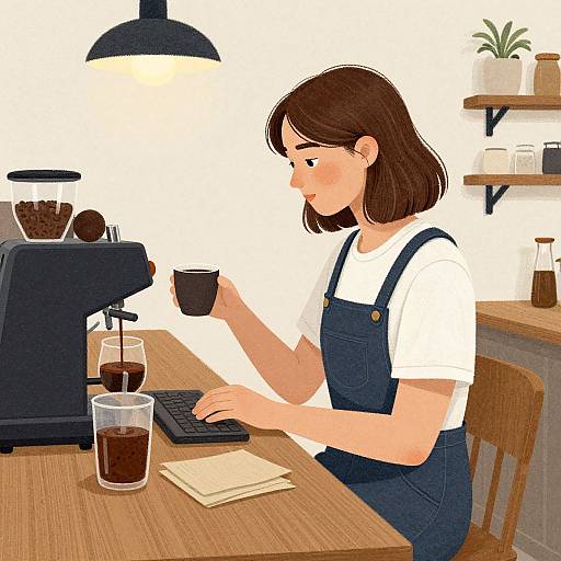 Young Woman Working Coffee Shop Illustration