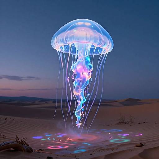 Photograph of a glowing, bioluminescent jellyfish with vibrant blue and purple lights, floating above a desert sand dune at dusk.