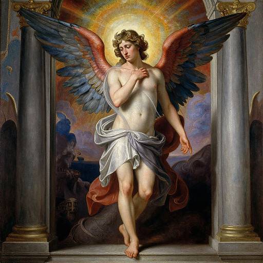 Baroque-style painting of a nude, fair-skinned angel with red and blue wings, golden halo, and white draped cloth, standing between marble columns
