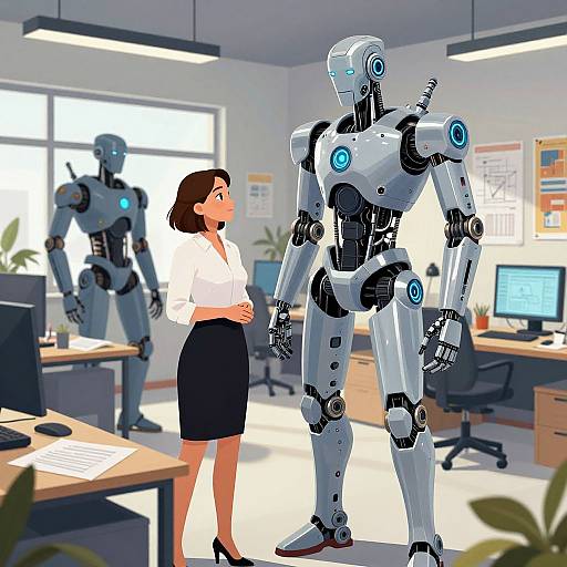 Digital illustration of a woman in a white blouse and black skirt standing in an office, facing a tall, white, blue-accented robot. Another