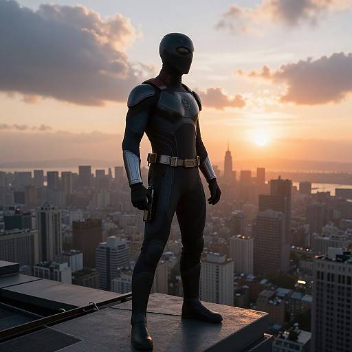 Futuristic Superhero Watching City Sunrise