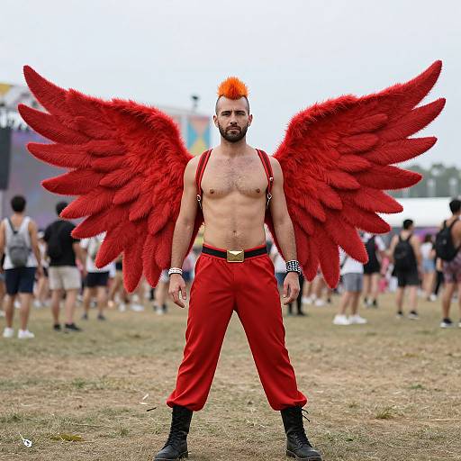 Photograph of a shirtless bearded man with red feather wings, orange mohawk, red pants, black boots, and suspenders, standing confidently