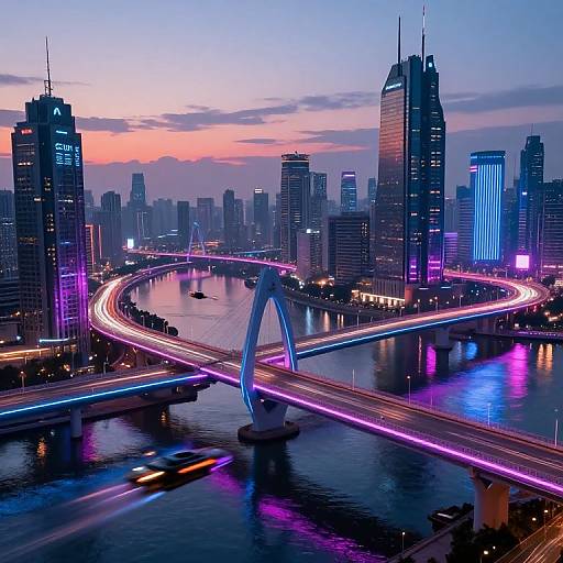 Photograph of a vibrant cityscape at dusk, featuring a neon-lit bridge arching over a river, surrounded by skyscrapers with colorful lights