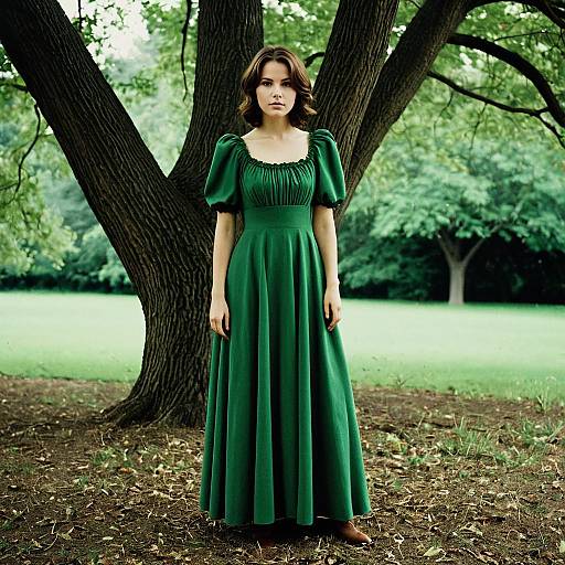 Woman in Green Vintage Dress Standing by Tree