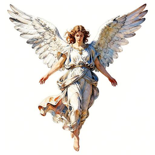 Digital illustration of a classical-style angel with white wings, flowing white gown, and curly brown hair, floating against a white background.