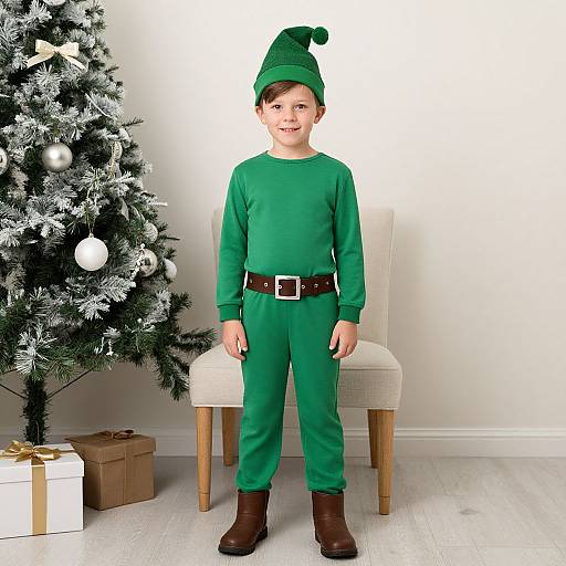 Photograph of a young boy in a green elf costume standing in front of a decorated Christmas tree with white ornaments and wrapped gifts.