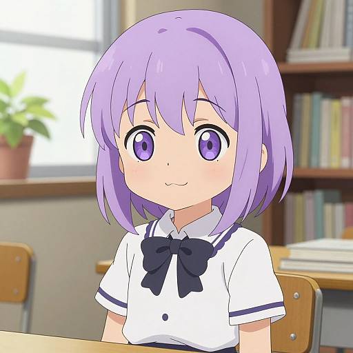 Anime-style digital drawing of a cute, young girl with lavender hair and matching purple eyes, wearing a white school uniform with a black bow, seated in