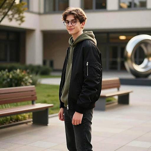 Photograph of a young man with glasses, brown hair, wearing a black hoodie and jeans, standing in a modern urban park.
