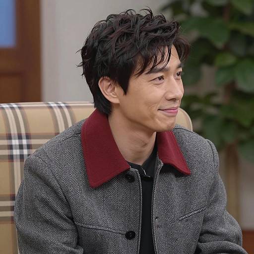 Man in Gray Jacket with Red Collar