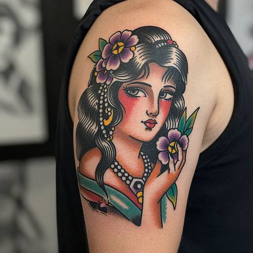 Tattoo of a stylized woman with black wavy hair, purple flowers in hair and hand, and colorful necklace on a bare arm. Traditional