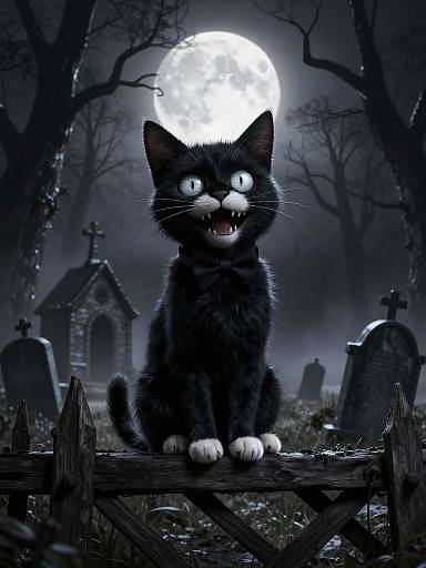 Digital artwork of a black, wide-eyed, fanged cat sitting on a wooden fence in a spooky graveyard at night, with a full moon and leaf
