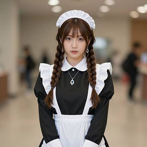 Photograph of a young Asian woman with braided brown hair, wearing a black and white maid outfit, standing in a blurred indoor setting with soft lighting