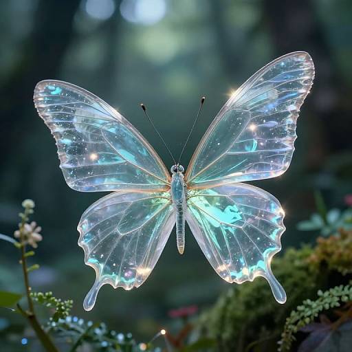 Photograph of a glowing, iridescent butterfly with translucent wings reflecting blue and white lights, set against a blurred, dark green forest background.