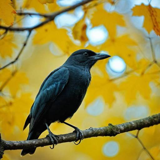 Black Crow on Branch with Autumn Leaves