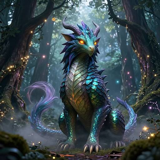 Digital fantasy artwork of a luminescent, blue and green dragon with glowing orange eyes, sitting in a mystical, enchanted forest with glowing fairy lights.