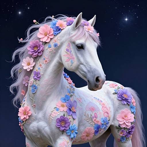 Digital art of a white horse adorned with pink, purple, and blue flowers against a starry night sky. Elegant, magical, and ethereal.