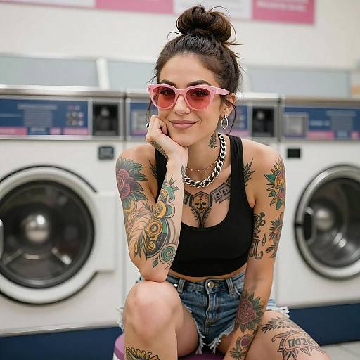 Confident Tattooed Woman in Laundromat