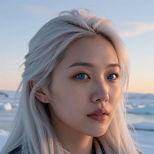 Photograph of a young Asian woman with long, platinum blonde hair, striking blue eyes, and fair skin, standing outdoors at sunset. Snowy landscape