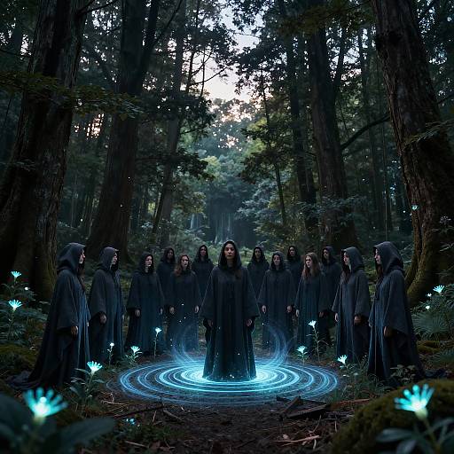 Mystical forest scene: dark-robed, hooded figures circle a central figure with glowing blue runes and fireflies, illuminated by ethereal light
