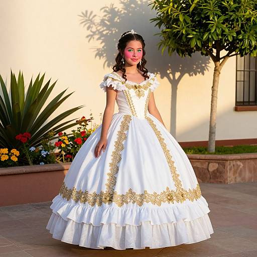 Photograph of a young woman with dark curly hair, wearing a white, gold-embellished, ball-gown style wedding dress, standing outdoors