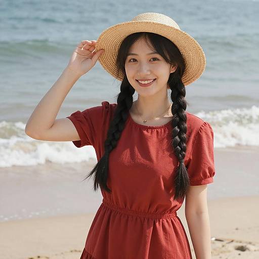 Young Asian woman with long black braids, wearing a red dress and straw hat, smiling at a sunny beach with gentle waves. Photographic image.