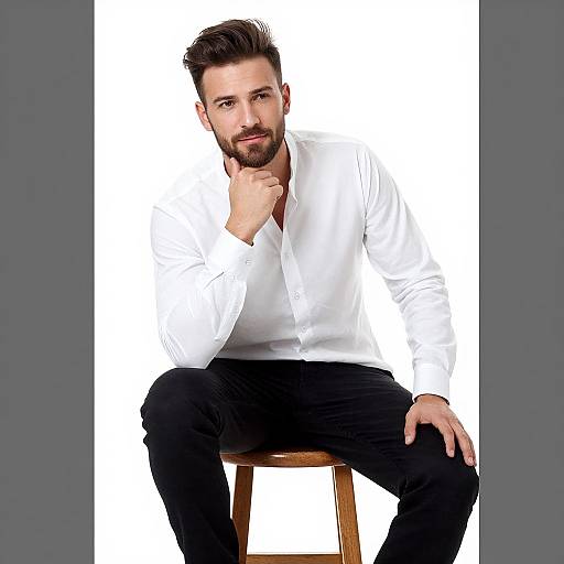 Photograph of a bearded man with dark hair, wearing a white button-up shirt and black pants, sitting on a wooden stool against a white background