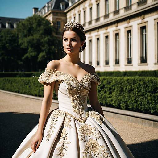 Elegant Young Woman in Embroidered Ball Gown