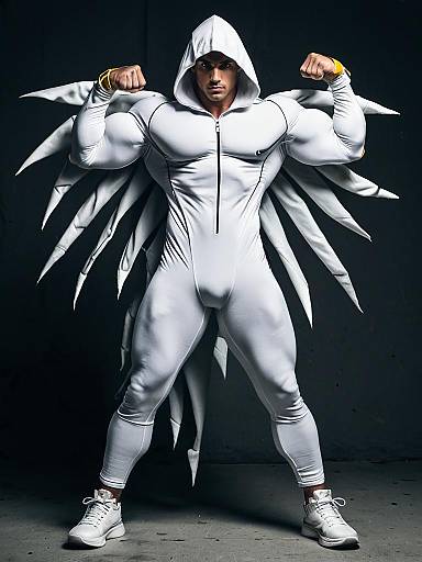 Muscular man in white tornado parody costume