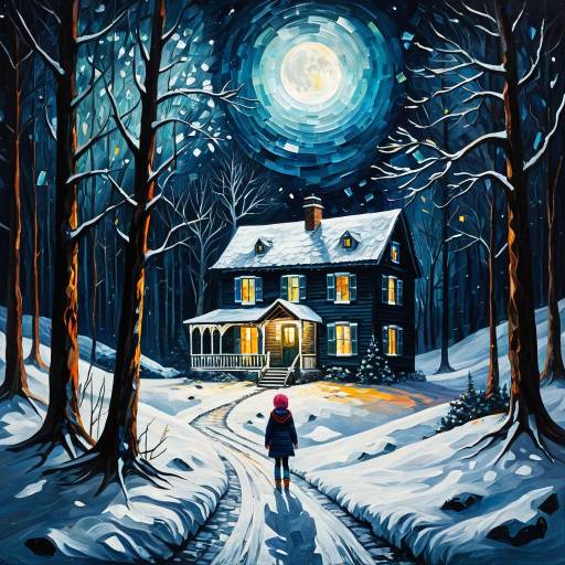 Winter Night Mystical House with Girl