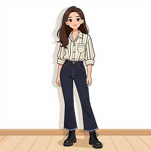 Digital anime-style drawing of a smiling young woman with long brown hair, wearing a striped shirt, high-waisted blue jeans, and black boots,