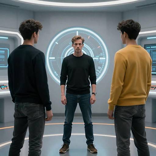 Futuristic Control Room with Three Men