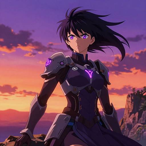 Digital anime-style drawing of a determined, purple-eyed girl with black hair in futuristic armor, against a vibrant sunset sky.