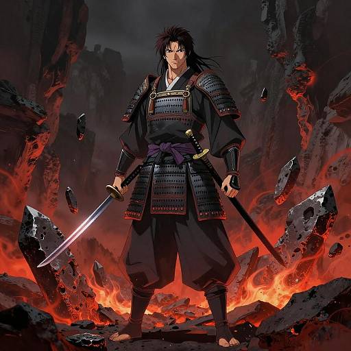 Digital art of a fierce samurai with black hair, wearing armor, holding a glowing sword, standing amidst fiery ruins and jagged rocks.